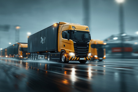 A convoy of modern, orange semi-trucks speeds along a rain-slick highway at night. Reflective asphalt and blurred city lights create a dynamic, futuristic atmosphere. The image captures motion and energy, emphasizing the efficiency and power of the vehicles against a moody, wet backdrop.の素材