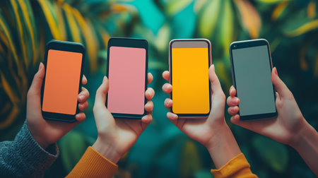 Four hands hold smartphones with colorful blank screens against a backdrop of lush tropical leaves. Each screen displays a different bright hue, creating a striking contrast with the deep green and yellow tones of the foliage. The natural lighting and vivid colors suggest a lively, modern atmosphere.の素材