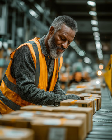 An attentive warehouse employee, wearing an orange safety vest over a gray sweater, carefully inspects packages on a conveyor belt. The industrial setting is characterized by dim, even lighting that casts soft shadows, while linear overhead lights create a sense of depth. The background reveals blurred, busy activity, enhancing the scene's dynamic, industrial mood.の素材