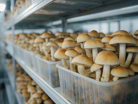 This photograph captures rows of cultivated mushrooms growing in clear plastic containers on metal shelving. The mushrooms, with their light brown caps and thick white stems, are illuminated by soft, diffused lighting that enhances the earthy tones. The setting appears to be an indoor farm, with a focus on the organized, structured growth of the fungi, conveying a sense of controlled, agricultural precision.の素材