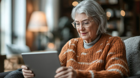 An elderly woman with gray hair and glasses sits comfortably in a cozy living room, engaged in reading on a tablet. She wears a warm orange sweater, and a soft focus background reveals a softly lit lamp and blurred bookshelves, creating a serene, autumnal atmosphere.の素材