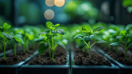 Young seedlings of pepper in peat pots, selective focus.の素材