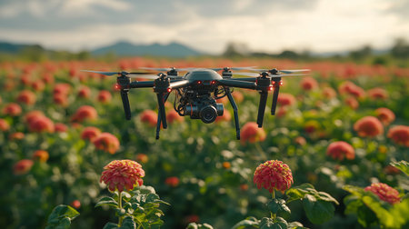 Drone flying in the sky over the flower field with sunset backgroundの素材