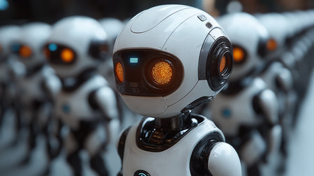 3d rendering humanoid robot in a row of robots in a factoryの素材