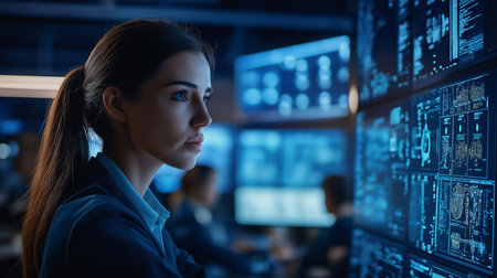 Side view of young businesswoman looking at computer monitors in night officeの素材