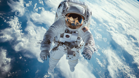 Astronaut spaceman do spacewalk while working for space station. Mixed mediaの素材