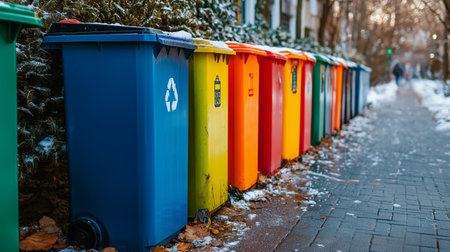 A row of colorful garbage bins on the city street in winter.の素材