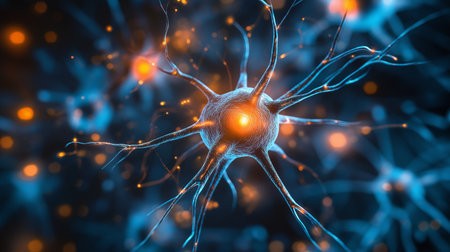 3d illustration of neuron cell with neurons in brain. scientific backgroundの素材