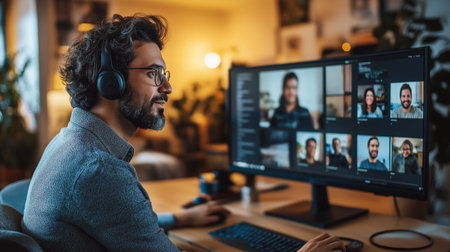 Young man with headphones using computer at home. Video call conference.の素材