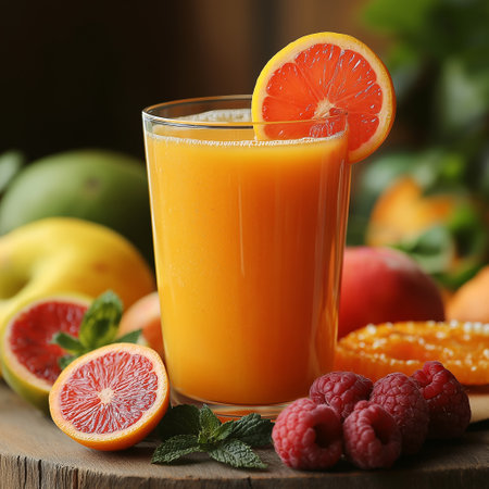 Glass of fresh orange juice with fruits on wooden table, closeupの素材