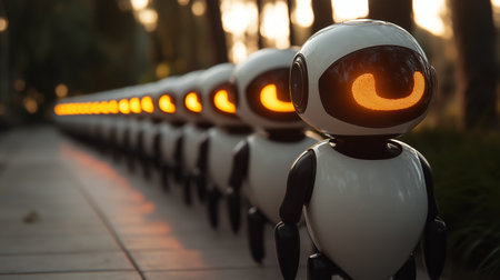 Group of artificial intelligence robots in a row in the park at sunsetの素材