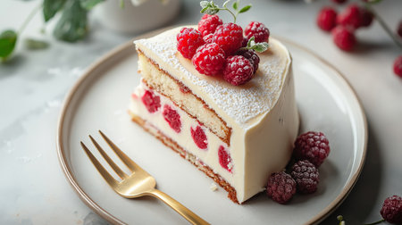 Piece of tasty cake with raspberries on plate, closeupの素材