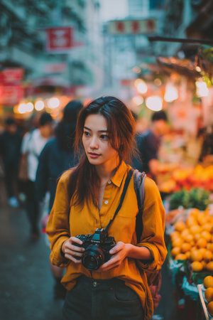 young beautiful and happy Asian Chinese woman tourist taking photos with digital camera at street food market in Hong Kong city in travel and holiday destination conceptの素材
