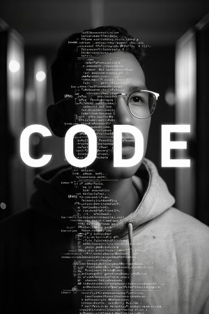 Portrait of a young African-American man in a hoodie and glasses against the background of the description COVID-19. Black and whiteの素材