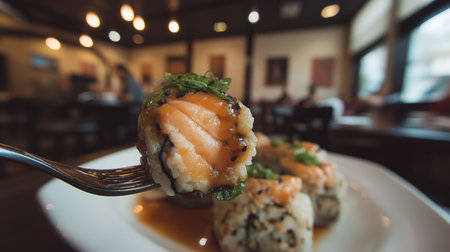 Salmon roll on a fork in a restaurant. Selective focus.の素材