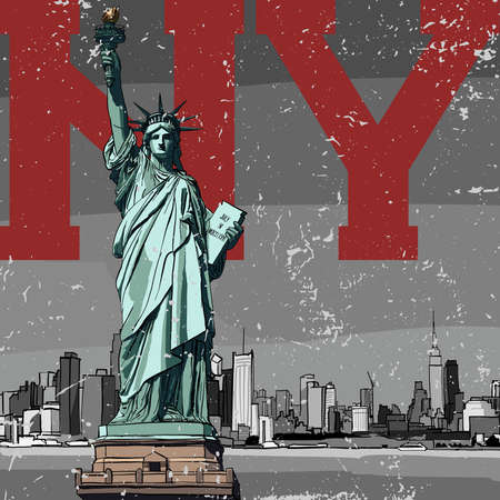 Statue of Liberty in New York against the backdrop of the cityのイラスト素材
