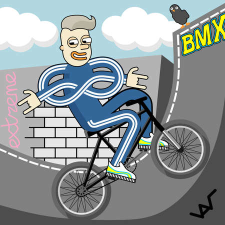 teenager riding a bike doing stunts - funny pop art and grunge style illustrationのイラスト素材
