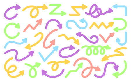 Arrow colorful hand drawn pointer flat set. Scrapbook for typography or web design. Flexible navigation curve doodle infographic. Kid attention sign. Abstract direction bright icon isolated on whiteのイラスト素材