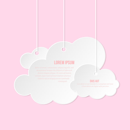 Cloud paper cut white flat set. 3D origami weather infoboard advertising postcard blank banner cloudy file storage. Sticker sale promotion important info discount label icon meteorology cartoon styleのイラスト素材