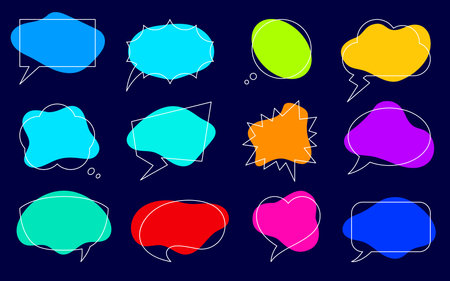Speech bubble liquid shape color line flat set. Sticker cartoon doodle element comic dialog balloon post user process speak idea. Label shape web banner meditation icon comment discussion isolatedのイラスト素材