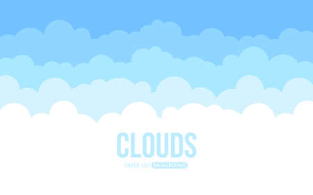 Cloud paper cut blue sky flat style. Cartoon volumetric splash wallpaper postcard. Sunny clear day...