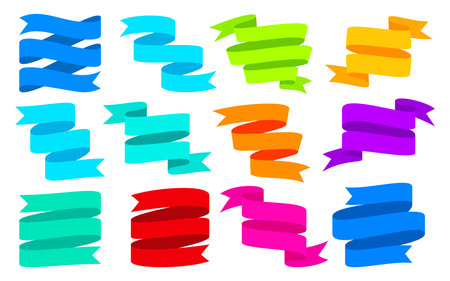 Ribbon holiday banner news colorful icon flat set. Bright signboard congratulation element of decor party surprise. Gift label for children modern label. Blank promotion sticker isolated on whiteのイラスト素材