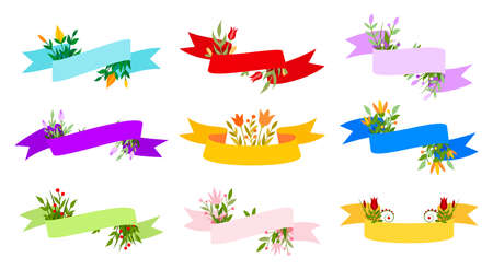 Ribbon floral festive cute decor colored flat set. Delicate design greeting card invitation floral banner. Romantic sticker background save date valentine day label spring party signboard isolatedのイラスト素材