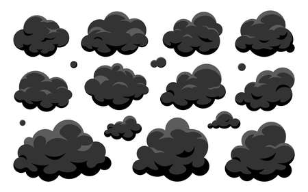 Cloud black flat set. Cartoon mainly cloudy weather symbol game app widget web interface. Smoke soot pollution exhaust fumes element overcast sky 2D. Element for postcard book shape isolated on whiteのイラスト素材