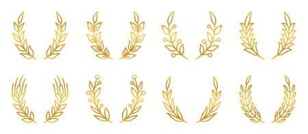 Gold branch wreath set. Label heraldic gerb element. Success award sign. Laurel spikelet circlet. Natural leafy object winner line kit. Plant pattern award success. Vintage badge circular shape frameのイラスト素材