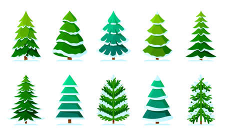 Xmas tree snow winter forest green cartoon set. Christmas season landscape festive different shape evergreen. Flat style object greeting card sticker holiday collage new year decorative isolated whiteのイラスト素材