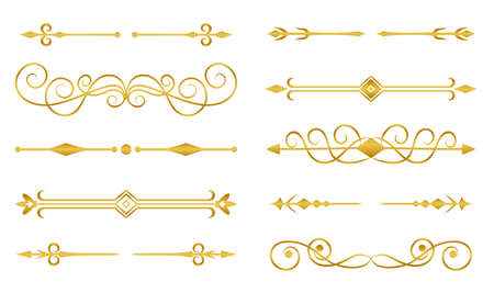 Divider border vintage gold flat set. Ornamental curl classic design element text frame wedding invitation banner postcard. Rich elegant divider pattern flourish decoration vector isolated on whiteのイラスト素材