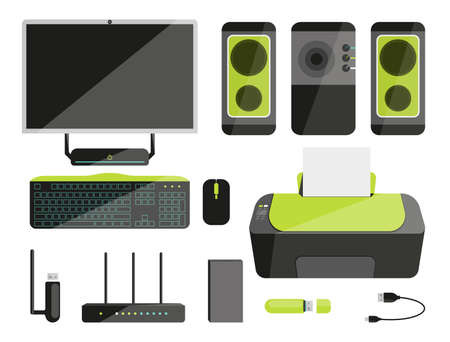 Desktop computer accessories office equipment flat set. Monoblock monitor keyboard mouse router ssd...