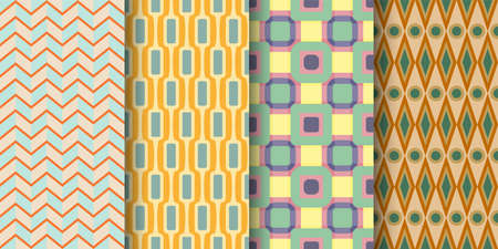 Geometric seamless pattern retro vintage flat set. Saturated texture pattern fabric clothes design wall furniture. Scandinavian motif wallpaper gadget room interior home decor fashionable ornamentのイラスト素材