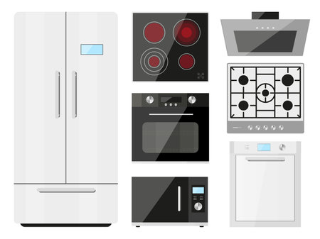 Kitchen appliance large cooking storage flat set. Refrigerator electric stove induction oven microwave hood dishwasher quick cooking quick automatic cooling warming food promo techstore isolatedのイラスト素材