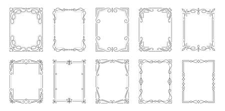 Vintage frame border divider text black line set. Retro filigree rectangle shape greeting card restaurant menu wedding decorating book cover. Rich pattern geometric design element isolated on whiteのイラスト素材