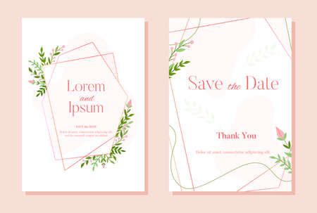 Botanical polygonal frame festive floral flat set. Delicate exquisite wedding invitation card elegant pink color blossom natural sprouting flowers leaf branch spring festive poster geometric isolatedのイラスト素材