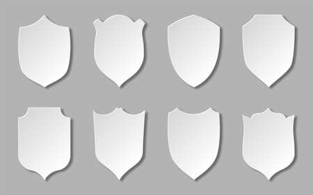 Shield papercut sticker 3d white icon flat set. Protection security guarantee sign. Military armor heraldic symbol. Retro elegant award badge handicraft medieval weapons royal privacy emblemのイラスト素材