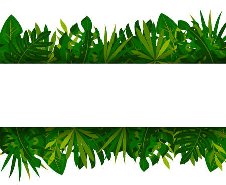 Tropical palm leaf horizontal banner flat style. Exotic foliage jungle summer border. Design card spa beauty salon cosmetics excursion paradise trip wedding holiday travel presentation template promoのイラスト素材