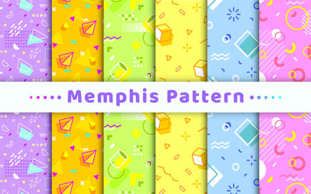 Memphis seamless pattern geometric retro flat set. Bright colorful gift paper wrapping book cover advertising textile print 80s-90s graphic trend fill hipster banner fabric pop style geometric vectorのイラスト素材