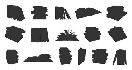 Book sticker isometric stamp black silhouette set. Monochrome icon journal insert planner. Fine elegant lineart bookstore design education website learning school app create collage isolated on whiteのイラスト素材