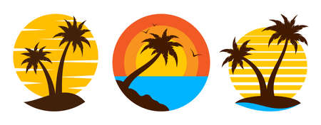 Tropical palm tree landscape travel logo flat set. Sunrise sunset island emblem tourism firm signage exotic nature sea surf. Subtropical summer design template flyer ads vintage isolated circleのイラスト素材