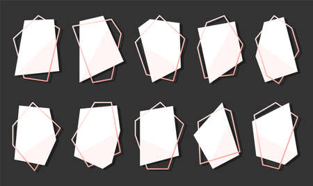 Polygonal frame geometric shape white flat set. Rectangular rosegold line sign blank sticker banner flyer poster wedding invitation greeting card. Modern light abstract background info field isolatedのイラスト素材