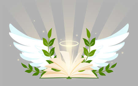 Magic book valued knowledge wing leafy wreath flat. Divine light mystical angel halo bible green laurel crown sunbeam blank page flip open book secret important fly postcard education library bannerのイラスト素材