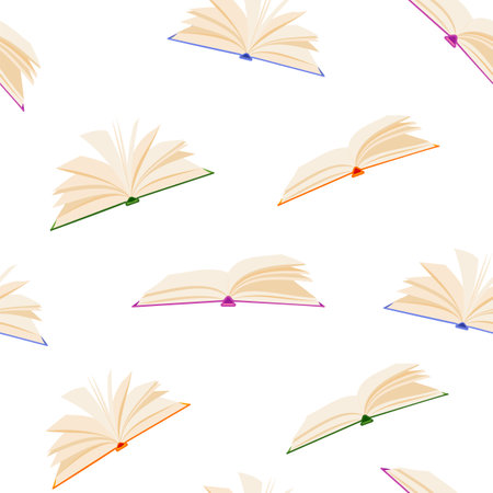 Open fly book pattern school vintage cover flat. Light soaring wallpaper poster graphic educational print advertising college bookstore literature textile read blank page repeat study library on whiteのイラスト素材