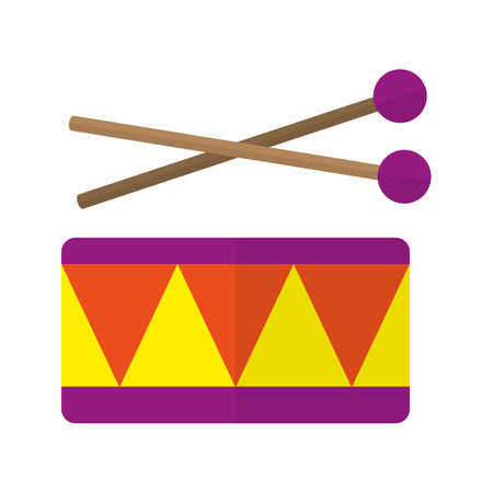 Drum stick children circus musical instrument flat. Toy store logo colorful sticker educational entertaining tool kids home games creativity singing musician fine motor skills good hearing isolatedのイラスト素材