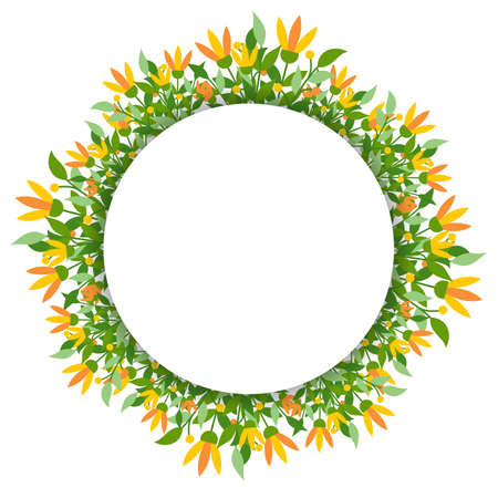 Yellow flower floral bunch round banner spring flat. Delicate design greeting card invitation banner. Romantic cute sticker background save date valentine day label spring party signboard isolatedのイラスト素材