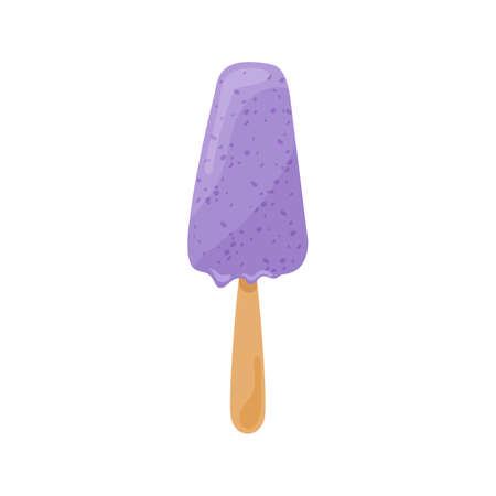 Purple blueberry berry ice cream on a stick flat. Sweet frozen dessert with berry pieces natural cooling snack. Doodle sloppy style sticker label dairy summer kids holiday for business craft isolatedのイラスト素材