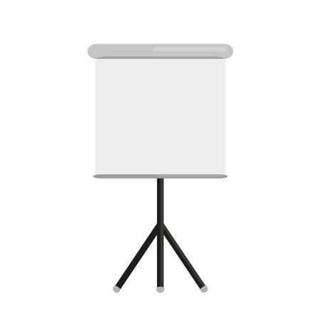 Roll up projector screen blank tripod white flat. Horizontal canvas easel large collapsible portable mockup presentation board conference meeting school office movie view home theater screen isolatedのイラスト素材