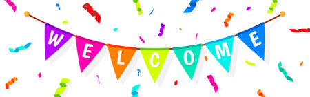 Welcome rainbow ribbon flag serpentine holiday banner flat. Holiday decoration paper fabric garland string sign decor colorful bright screen saver profile advertising store opening invitation eventのイラスト素材