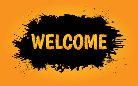 Welcome banner black paint splatter stain textured letter orange flat. Creepy quest challenge halloween invitation screensaver wallpaper holiday party decor spooky invite poster black graphic labelのイラスト素材